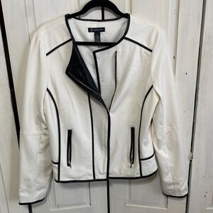 INC International Concepts Moto Jacket Sz L Stretch Knit Faux Leather Trim Zips